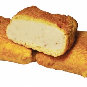 Three rectangular Gabila's Original Coney Island Square Knishes, with one cut in half to show the potato-filled interior.