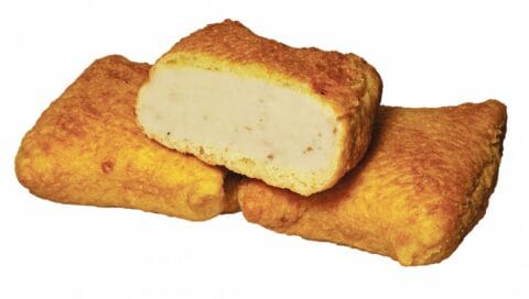 Three rectangular Gabila's Original Coney Island Square Knishes, with one cut in half to show the potato-filled interior.