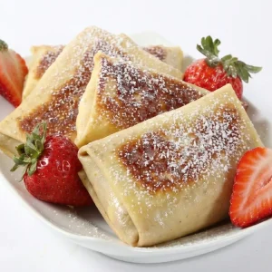 Four Cheese Filled Crepes (Blintzes), dusted with powdered sugar, are served on a white plate and garnished with whole and halved strawberries.